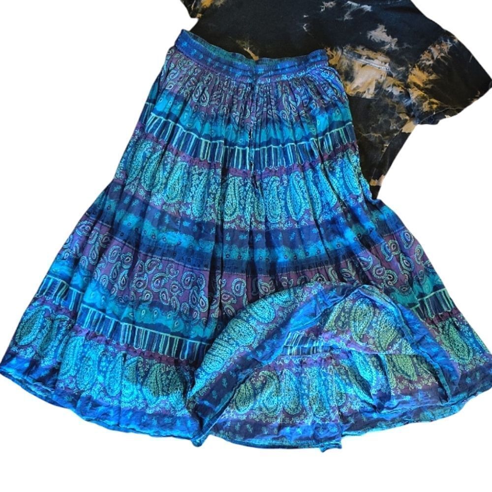 VTG 80s Blue Teal Purple Paisley Print Cotton Broomstick Midi Skirt Medium - Picture 5 of 13